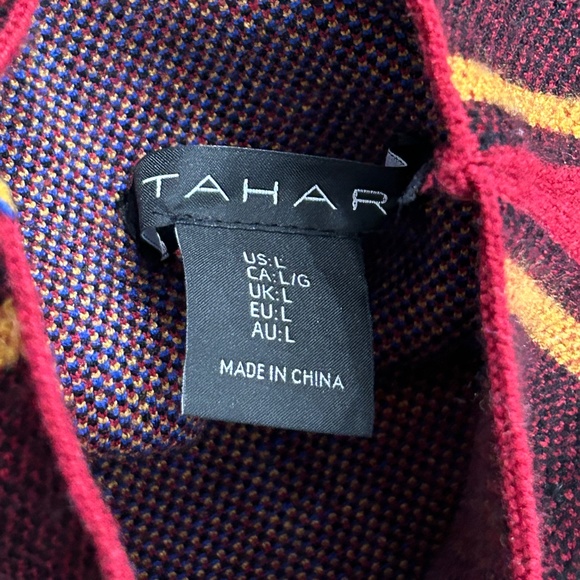 Tahari size L high neck long sleeve knit sweater red yellow black blue plaid NWT - Picture 8 of 9